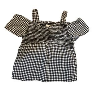 Abercrombie Kids Black and White Checkered Smocked Cold ShoulderTop size 7/8
